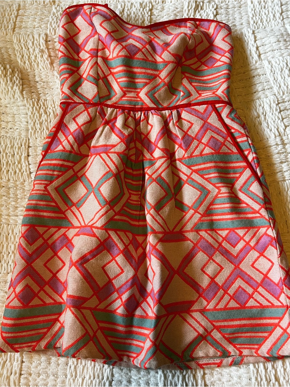 Girls Strapless Geo Print Dress in Coral and teal